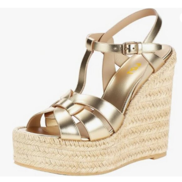 FSJ Gold Open Toe Espadrille Platform Ankle Strap Wedge Sandal Woven Cutout Shoe - Picture 1 of 8